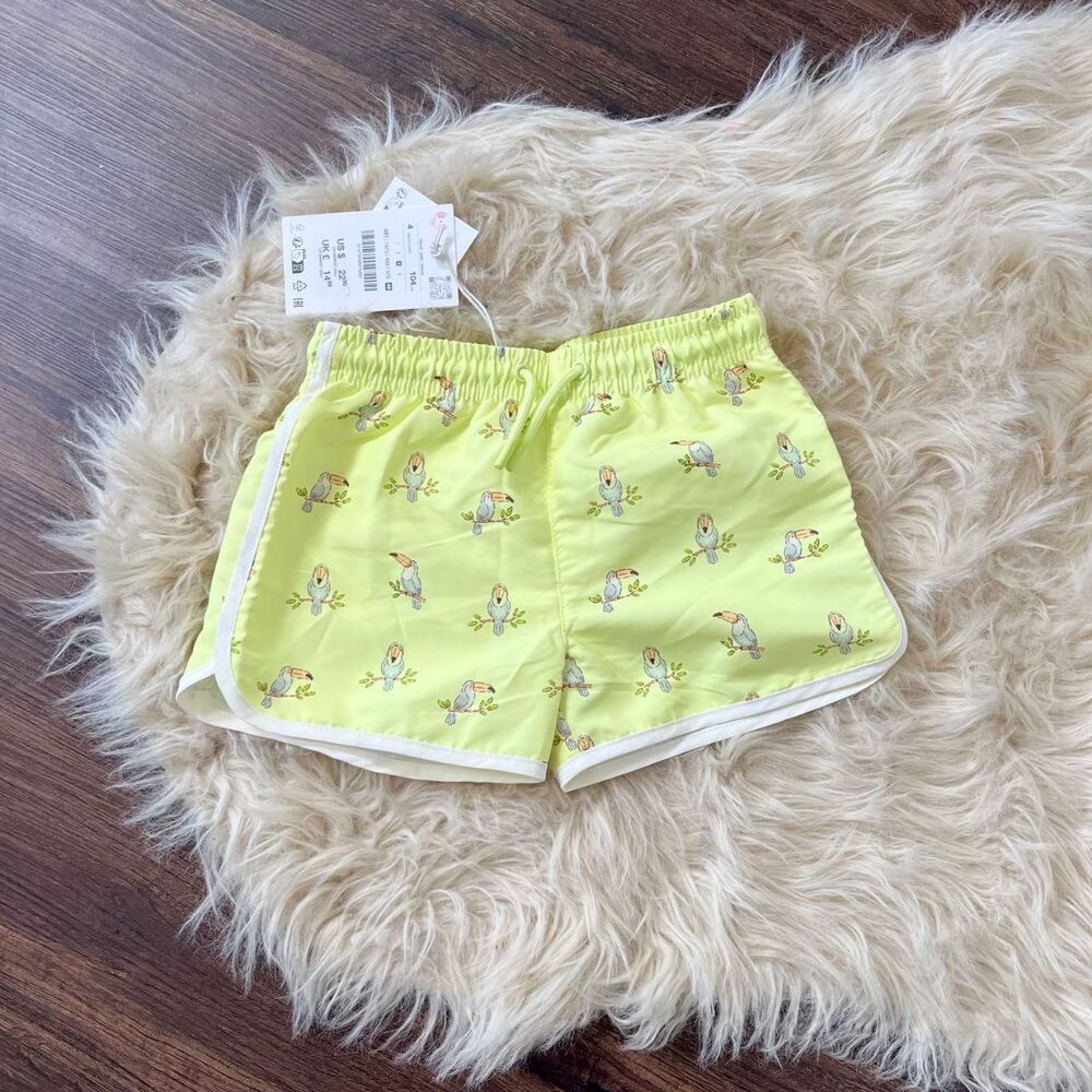 NWT Zara Toucan Swim Shorts Size 4 Y lime green toucan bird swim trunks
